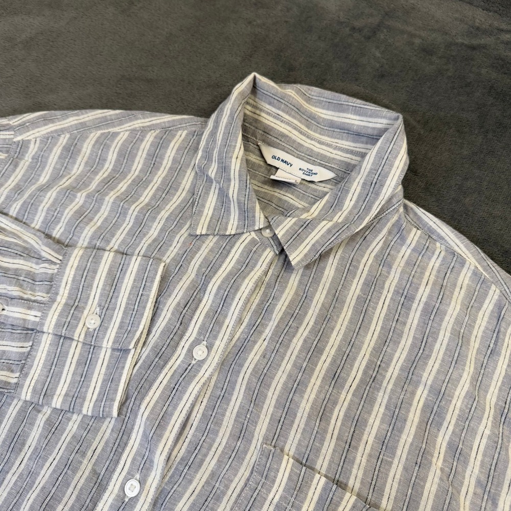 Old Navy The Boyfriend Shirt Womens Medium Blue Striped Linen Blend Relaxed